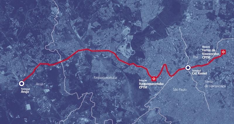 Kaart corredor BRT metropolitano Perimetral Alto Tietê